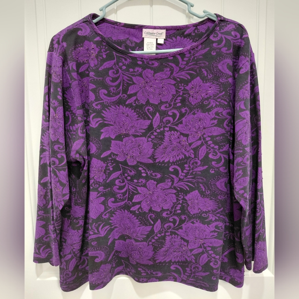 Coldwater Creek Purple Floral Long Sleeve Pullover Top with Sparkle #0628